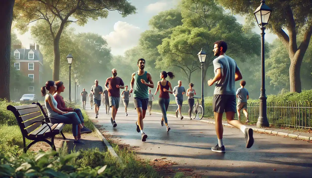 A group of people jogging in a park, promoting an active lifestyle for heart health